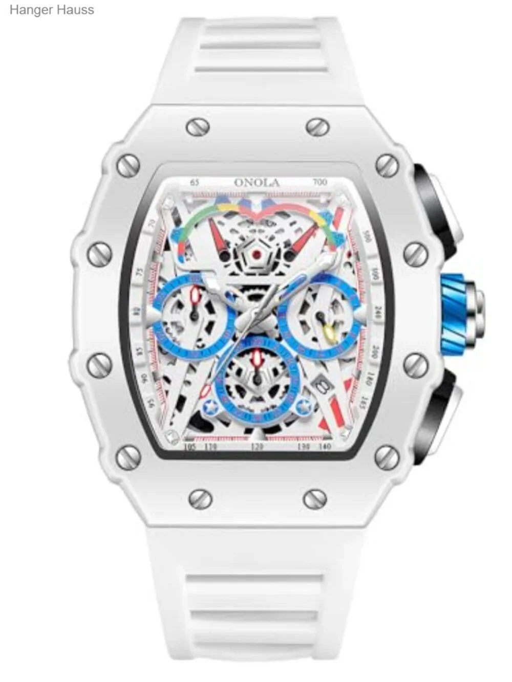 Men's Tonneau Skeleton Watch Big Face Chronograph Silicone Strap 30M